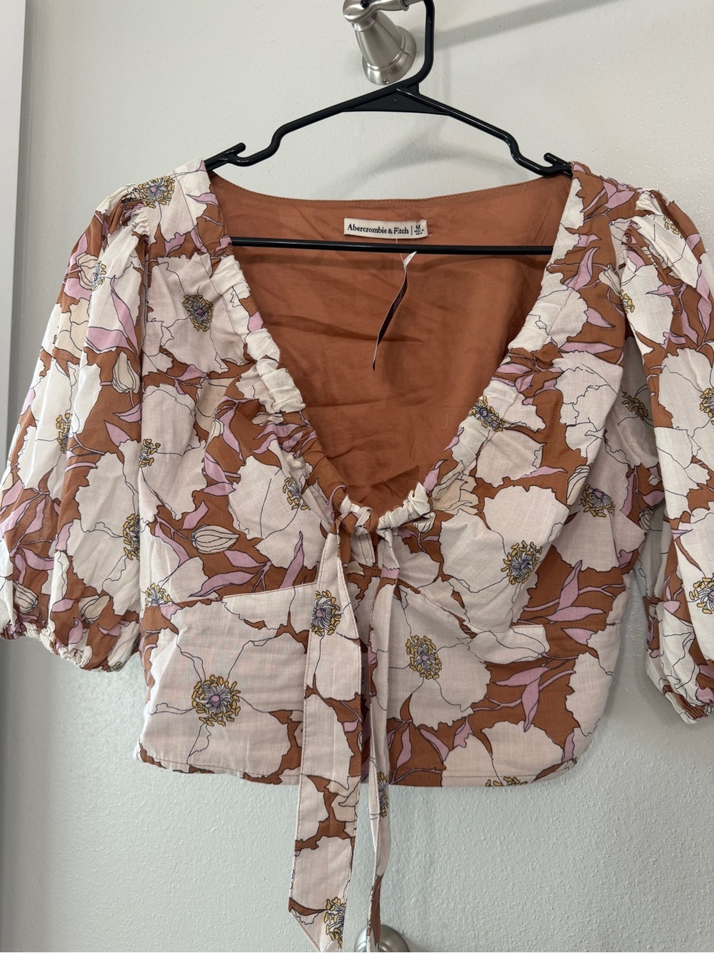 Abercrombie & Fitch Rust and Pink Floral Tie-Front Crop Top